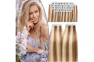 SEGO Extension Biadesivo Capelli Veri Adesive 20 Ciocche 30g Biadesive senza Clip Tape Remy Human Hair Balayage 40cm # 12P613 Marrone Chiaro/Biondo Chiaro