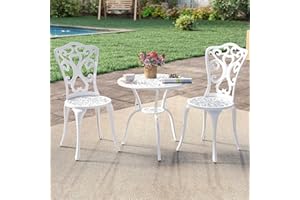 KOMFOTTEU Juego de Muebles de Jardín de 3 Piezas de Aluminio Fundido, Conjunto de 2 Sillas y Mesa con Orificio para Sombrilla, Juego de Bistró para Balcón, Patio, Terraza (Blanco)