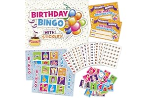 FUN STICKERS Birthday Bingo Party Game for Children Adults - Premium Quality Bingo Calling Cards Pre-Cut for up to 40 Games and Winner Certificates - Party Favour Supplies, School Classroom Games, Family Activity
