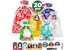 YAAVAAW 20 szt. Bożonarodzeniowe torby na prezenty ze sznurkiem, wielopak, bardzo duże, średnie, małe, bożonarodzeniowe foliowe torby na prezenty, torby na prezenty Xmas, torby do pakowania prezentów, różne