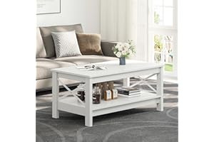 ‎YITAHOME YITAHOME Coffee Table, Living Room Table, 2-Tier Thick Wood, Rectangular Coffee Table, X-Shape Metal Side Support, Sturdy, 100 x 55.3 x 45 cm, White