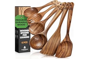 WOODENHOUSE LIFELONG QUALITY Wooden Utensil Set - 6 Pcs Teak Wooden Spoon Kitchen Utensils Set - Cooking, Mixing, Serving, Slotted Spoons, Salad Fork, Cooking Spatula, Non-Stick & Heat Resistant Kitchen Accessories