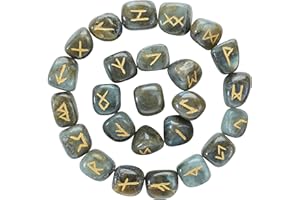 Crocon Labradorite Gemma Elder Futhark Alfabeto Simbolo inciso Pietre runiche Set 25 Pezzi Feng Shui Chakra Bilanciamento Cristallo Reiki Guarigione Decorazione Spirituale Dimensioni: 15-20 mm