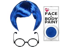 I LOVE FANCY DRESS SADNESS EMOTION CHARACTER FANCY DRESS COSTUME SET BLUE BOB WIG + BLUE FACEPAINT + BLACK RIM GLASSES WITH LENS ANIMATED MOVIE CHARACTER ACCESSORY - SAD EMOTION CHARACTER