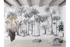 SILK ROAD EU Papier Peint Panoramique jungle Soie, 355 x 250 cm, noir et blanc Sketch Tropical Rainforest Coconut Tree Poster Geant Mural Personnalisé 3D pour Salon Chambre Décoration Murale