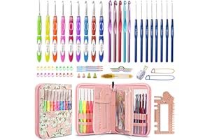 JOZEA 61Pcs Ergonomic Crochet Hooks Set, 22size (0.75mm-10mm), with Case for Arthritic Hands, Extra Long Crochet Needles(Pink)