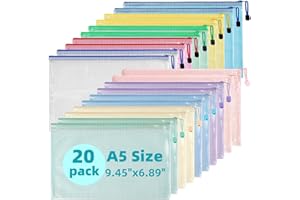 Mutsitaz 20 Stück Dokumententasche A5, Plastic Wallets File Bags A5, Dokumentenmappe mit Reißverschluss, Mesh Kunststoff Dokumententasche A5, für Datei Taschen, Papier, Dokumente, Kosmetika