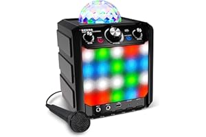 ION AUDIO Ion Party Rocker Express - Karaoke Anlage Musikbox Bluetooth Lautsprecher mit Discokugel, LED Lichter, Mikrofon, Echo-Effekt, USB, Schwarz