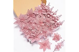 Xmastell 22 Stück Weihnachten Künstliche Blumen, Glitzer baumschmuck Weihnachten, Weihnachtsbaum Blumen Ornamente und Weihnachtsbaum Picker für weihnachtsdeko außen und deko innen rosa