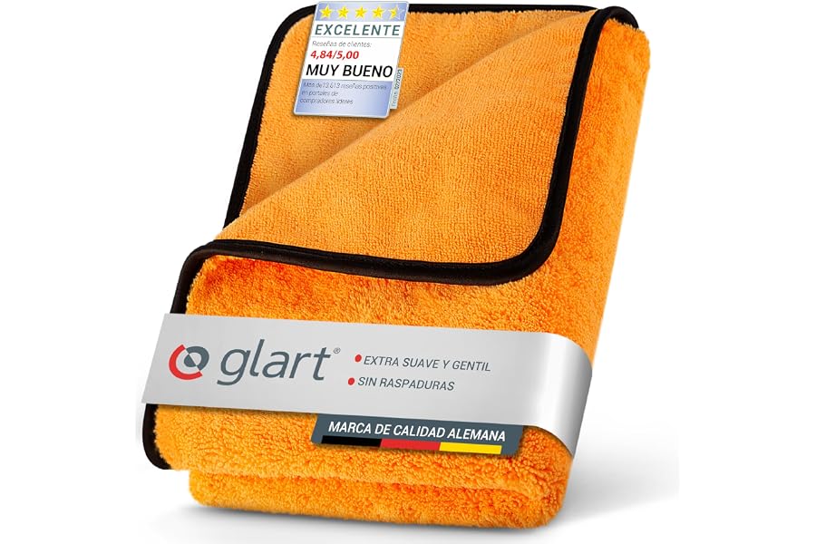 Glart 44WG Toalla secante coche XXL 90×60 cm – Paño microfibra naranja – Limpieza y alta absorción para coche, moto, barco y 