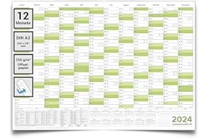 ‎KALENDEROUTLET Jahresplaner Wandkalender 2024 gruen premium Qualitäts Papier (DIN A3 42,0x29,7 cm) gerollter Wandplaner fürs Büro Jahreskalender 2024, Kalender in deutscher Sprache von Kalenderoutlet