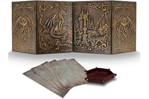 Dungeon Master Display med tärningsbricka - DOJA Hobbies - DM-skärm vikbar 4 paneler i kopparkonstläder med anpassningsbara fickor och innersulor, tillbehör för Dungeons and Dragons
