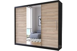 Fabryka Mebli Idźczak Schwebetürenschrank Alba 250 cm Schiebetürenschrank mit Spiegel, Kleiderschrank Kleiderstange und Einlegeboden, Schlafzimmerschrank, Schiebetüren, Modern Design (Schwarz/Sonoma)