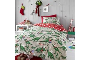 Happy Linen Company Set copripiumino e federe - double face con tema natalizio con dinosauri - fosforescente - tortora - singolo