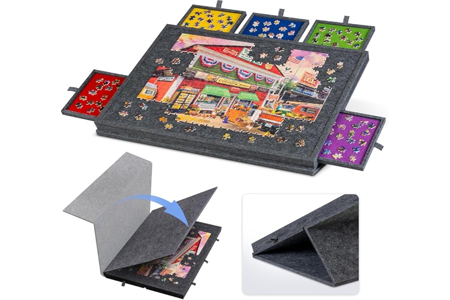 Lavievert Tilting Puzzle Board with 2-in-1 Designed Stand & Cover, Lightweight Felt Storage Case with 6 Drawers for Adults, Portable Jigsaw Puzzle Table for Games Up to 1000 Pieces