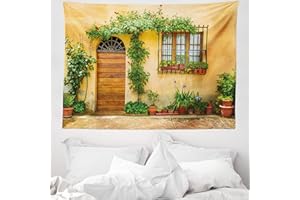 ABAKUHAUS Italia Tapiz de Pared y Cubrecama Suave, Galería con Varias Macetas Flores Plantas Verdes Frescas Vida en Toscana, Resistente a la Suciedad, 150 x 110 cm, Damasco