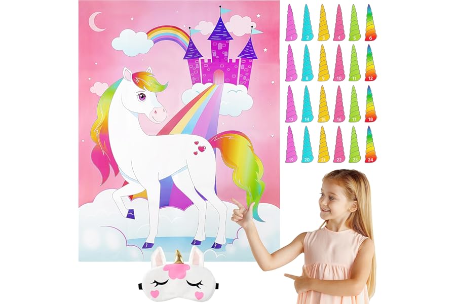 JOYIN Pin The Horn on The Unicorn Party Game with a 28" x 21"(71x53 cm) Poster, 24 Horns, 1 Eye Mask for Unicorn Party Favors Kids Birthday Party Supplies & Decorations