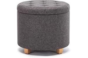 HNNHOME® - Otomana de almacenamiento de lino acolchada redonda de 45 cm, taburete puf con almacenamiento (gris marengo)