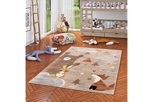 ‎PERGAMON Pergamon Kinderzimmer Teppich Kurzflor Maui Kids Fuchs und Bär Beige Braun in 5 Größen