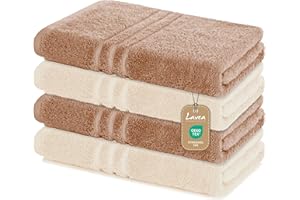 Lavea Lot de 4 Serviettes de Douche - 70 x 140 cm - 100% Coton - Serviettes éponge Douces et absorbantes - 500 g/m² - Uni et Bicolore - Certifié Öko-Tex - Lavable jusqu'à 60 °C - Cappucino et crème