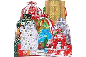 PECEHOM 30Pcs Christmas Drawstring Gift Bags,8 Design 4 Size Xmas Large Medium Small Multipack Goody Bags,Reusable Christmas Wrapping Bags for Presents,Party,Birthday,Holiday Decorations