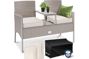 KESSER® Banco de jardín de poliratán de 2 plazas, con Mesa y Cojines Integrados - 133 x 63 x 84 cm - Banco de ratán Sofá de jardín Juego de Asientos Resistente a la Intemperie, Gris