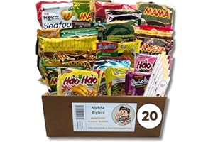 AlphFa Bigbox - 20 asiatische Instant Nudeln Box aus Ramen & Nudelsuppen - zufälliger Mix versch. Sorten Portionsgrößen wie Huhn, Rind, Shrimps uvm. - ideal als Geschenkbox, 5x Essstäbchen