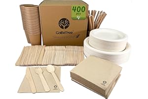 GOBETREE Stoviglie usa e getta 400 pezzi per 25 persone. Stoviglie ecologiche in canna da zucchero. Include 100 piatti 150 posate di legno, 50 bicchieri di carta kraft con 50 cannucce e 50 tovaglioli.