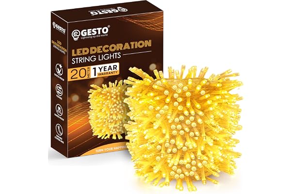Gesto 20 Meter Led Serial String Lights AC Plug Waterproof Copper Wire Yellow Fairy Light for Home Decoration,Christmas,Garden, Deepawali & Diwali Decoration Lights for Balcony Outdoor- Warm White