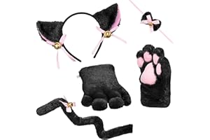 BALINCO Set di costumi da gatto, cerchietto per orecchie di gatto + zampe di peluche + papillon + coda di gatto, vestito da animale, Anime, Cosplay Party, Halloween, Carnevale