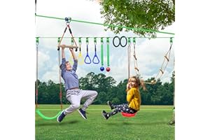 GENTLE BOOMS SPORTS Ninja Warrior Obstacle Course for Kids 2×56ft Slackline Set for 5+ Year Olds with Monkey Bars Ladder Climbing Handles Pulley Disc Tree Swing Gymnastic Rings Outdoor Training Equipment with Carry Bag