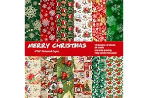 JUMYEE 6"×6" Christmas Scrapbook Paper Pad Craft Cardstock Scrapbooking DIY Holiday Photo Album Crafts Origami Art Background Decorative Card Making 24 Pieces (Merry Christmas)
