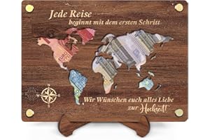 QHHENTOO Geldgeschenk Reise - Geldgeschenk aus Holz inkl. Ständer - Reise Geld Geschenk - Weltkarte Urlaub Geschenk - Reisekasse Urlaubskasse Deko