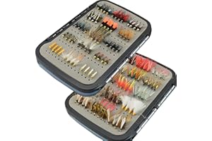 YAZHIDA Kit de moscas de pesca con mosca con caja de moscas, ninfas, mosca seca, mosca húmeda, serpentinas, moscas realistas