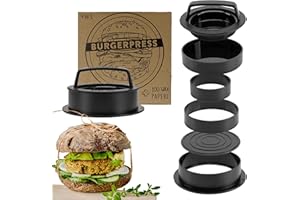 RIIJK Burgerpresse mit 100 Blatt Burger Papier, 4 Patty Größen inkl. Gefüllte Patties und XXL, Burger Pattie Presse für beste Hamburger, Hamburger Patty Maker mit Rezepten