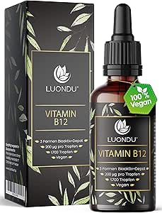 Vitamin B12 Tropfen hochdosiert, Vegan &amp; alkoholfrei 50ml 1700 Tropfen flüssig 3 Formen Aktiv + Depot (Adenosyl- &amp; Methylcobalamin Hydroxocobalamin)