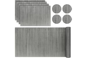 ZENO Placemats Table Mats | 9 Piece Set with 4 x Placemats + 4 x Coasters + 1 x Long Table Mat | Resistant Anti Slip Table Place Mats and Coaster Sets for Home | Restaurant | Grey
