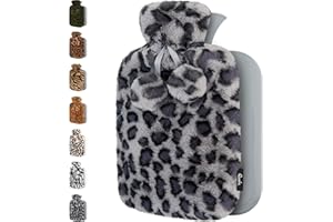 QOMFOR Borsa Acqua Calda con Copertura Peluche - Morbida Copertura Premium - 1,8L Grande Capienza - Boule Acqua Calda per Alleviare il Dolore, Schiena - Stampa Leopardo Grigio Viola