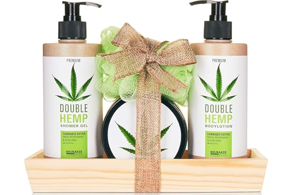 BRUBAKER Cosmetics - Coffret de bain - Soin Huile de chanvre - Menthe & Aloe vera - 5 Pièces - Plateau décoratif - Idée cadeau