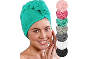 LAYNENBURG Toalla Turbante de Lujo de 2 Piezas con botón para Pelo Corto y Largo - 100% algodón - 8 elásticos para el Pelo Gratis - Turbante de Secado rápido y Absorbente (Turquesa)