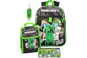 Minecraft Plecak i pudełko na lunch dla dzieci Plecak szkolny 5 sztuk jeden rozmiar, czarny, jeden rozmiar, czarny, Taille unique