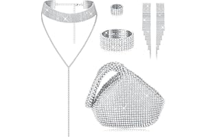 Kakonia 6 teiliges Damen-Kristall-Schmuck-Set, Strass-Halskette, Stretch-Armreif, Ring, Fransen, Ohrringe, Dreieck, Glitzer, Bling, Geldbörse für Braut, Hochzeit, Party