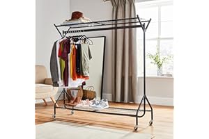 DIRECT ONLINE HOUSEWARE House of Home Clothes Rail with Wheels Super Heavy Duty Metal - 1 Tier Rail Wardrobe Replacement Hanging Clothing & Shoe Rack Storage & Organiser for Shirts, Coats, & Shoes - Black, 5ft x 5ft