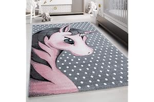 ‎TEPPIUM Teppium Kinderteppich für Jungen und Mädchen Einhorn Muster 160 x 230 cm Pink - Kurzflor Waschbarer Teppich Extra Weich und Antiallergen - Teppich für Kinderzimmer, Babyzimmer und Spielzimmer