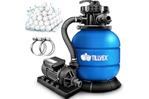tillvex Depuradora de Agua para Piscina 7.900L/h + 400g Bolas de Filtro | 7 Funciones de Filtrado & Adaptador Ø32-38mm | Filtro de piscina con indicador de presión (Azul)