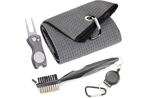 Mile High Life Ręcznik golfowy z mikrofibry wzór gofru | szczotka do czyszczenia rowków klubowych | składane narzędzie Divot z magnetycznym znacznikiem kulkowym (ciemnoszary ręcznik/szczotka/ryba)