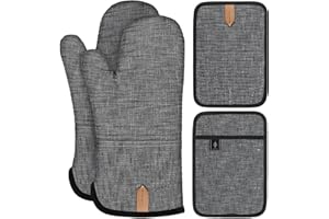 BONTHEE Presine Guanti da forno Set di guanti da forno resistenti al calore con guanti da cucina a strisce in silicone antiscivolo per cucinare e cuocere - Set di 4 - Grigio