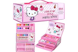 Hello Kitty Painting Art Set for Kids, Drawing Colouring Anime Stationery Art Supplies in Travel Carry Case, Kawaii Gifts for Girls (Pink Hello Kitty 3 Tier)