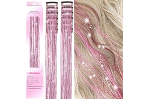 PORSMEER 12 pasemek do włosów, 50 cm, kolorowe brokatowe pasemka, przedłużki do włosów, pasemka na imprezę, dla kobiet, dziewcząt, dzieci (różowe)