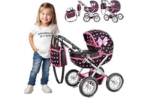 Kinderplay Puppenwagen – Leichte, stabile Spielzeug-Kinderwagen für Puppen – Verstellbarer Griff 33–63 cm, leise Schaumräder, waschbarer Stoff – Für Puppen bis 41 cm, ab 3 Jahren